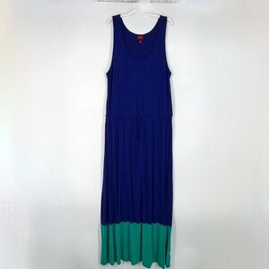 Merona Womens Large Sleeveles Maxi Dress Tie Waist Blue Teal Hem Rayon Spandex